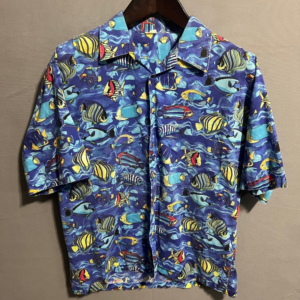 Rip Curl Mens‎ Large Blue Tropical Fish Print Short Sleeve Button Up Surf Shirt